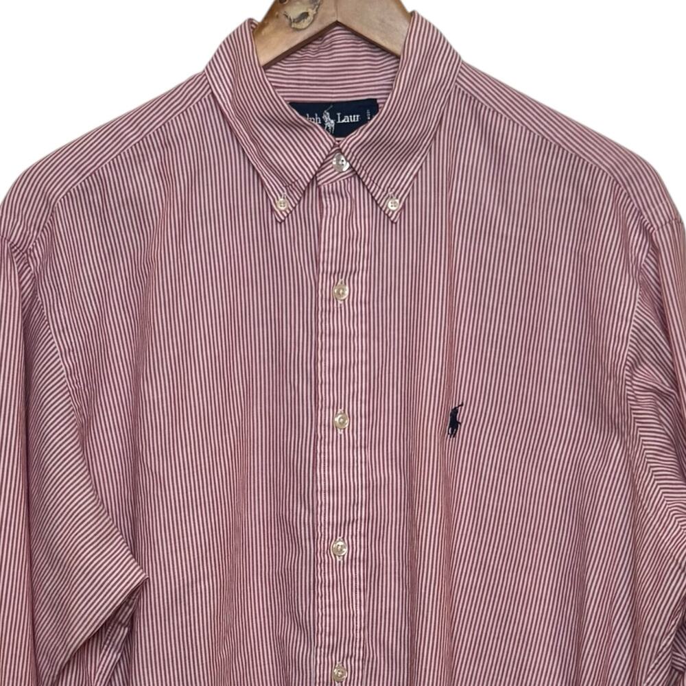 Ralph Lauren Red Striped 100% Cotton Yarmouth Size Large Button Down Shirt
